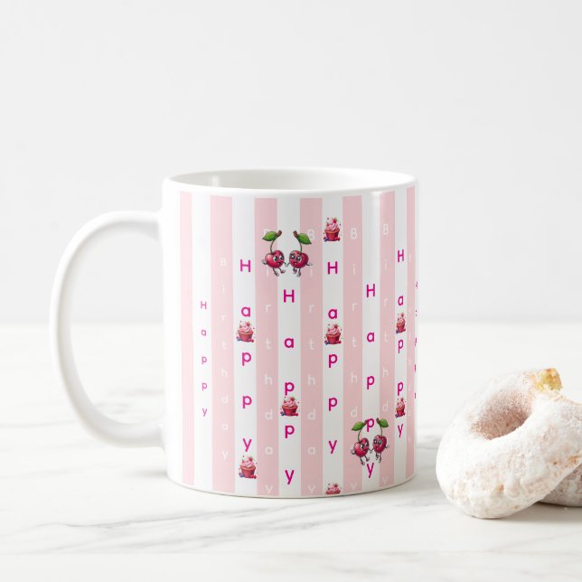 Mug Happy Birthday Pink & White Stripe  (Avec donut)