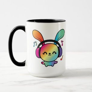Mug Happy Bunny avec écouteurs écoutant de la musique.