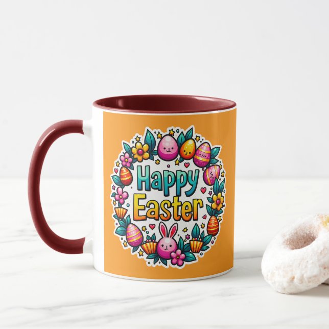 Mug Happy Easter – Cute Bunny Lettering caneca (Avec donut)