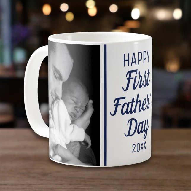 Mug Happy First Father's Day 2 Photo Blue And White (Créateur téléchargé)