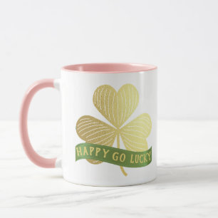 Mug Happy Go Lucky Gold Shamrock St Patrick's Pink