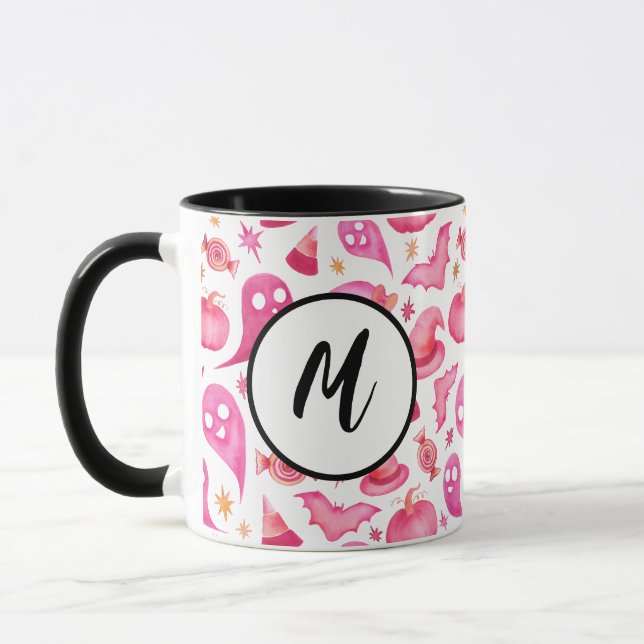 Mug Happy Halloween Éffrayant rose Fantôme & sorcières (Gauche)