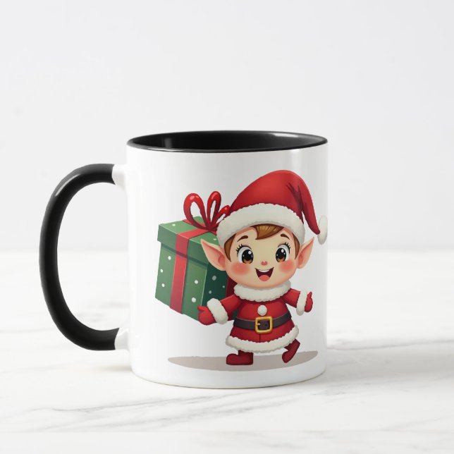Mug Happy Kawaii Santa's Elf Helper Carrying Gift (Gauche)