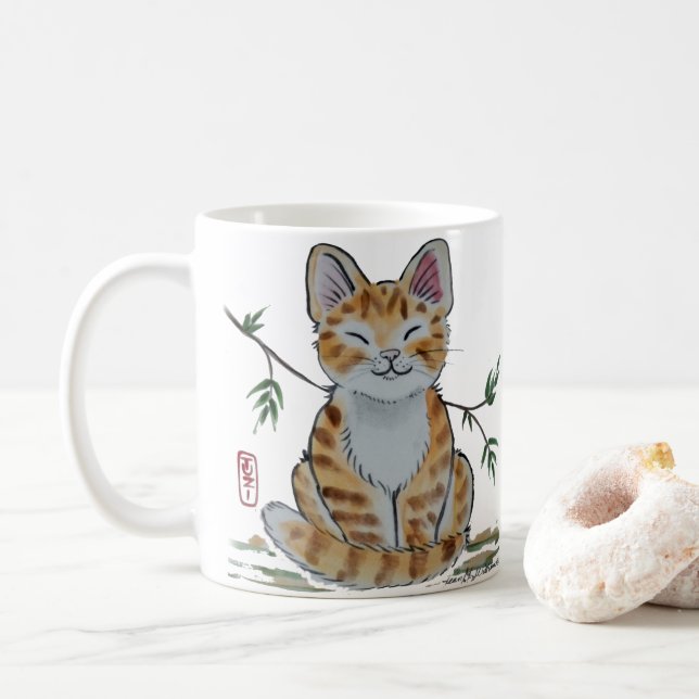 Mug Happy Orange Tabby Chat Aquarelle Style Oriental (Avec donut)