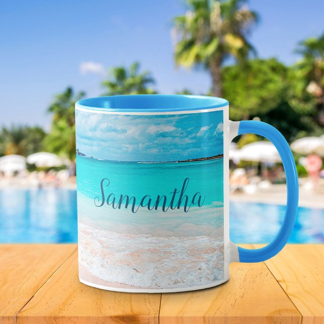 Mug Hawaii tropical bleu océan sable plage photo nom (Créateur téléchargé)