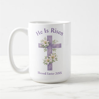 Mug He Is Risen Watercolor Floral Cross Easter 2026