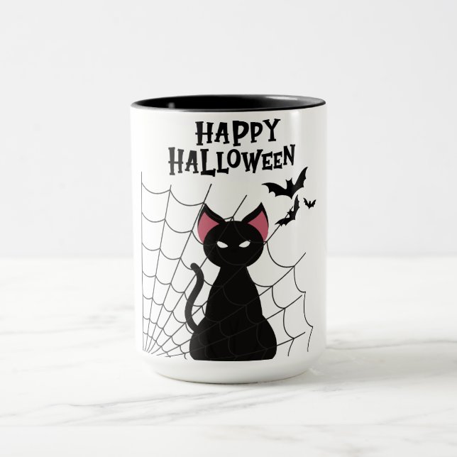 Mug HEUREUX HALLOWEEN Chat noir, chauves-souris et Web (Centre)