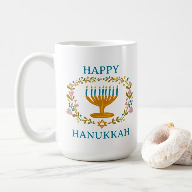 Mug HEUREUX HANOUKKA Menorah floral Juy Holiday (Avec donut)