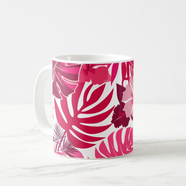 Mug Hibiscus rose tropical et Motif Feuille de Monster (Devant gauche)