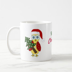 Mug Hibou avec un chapeau de Père Noël et un arbre de