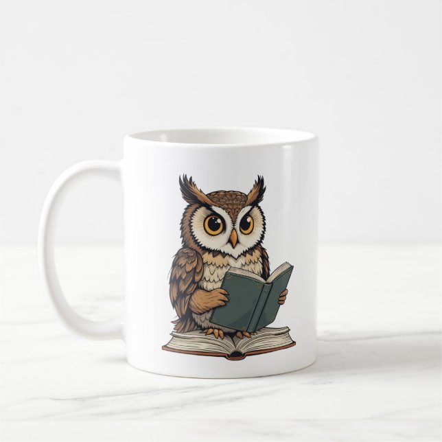 Mug hibou lisant un livre, illustration (Gauche)