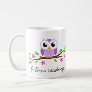 Mug Hibou pourpre mignon sur la lecture florale