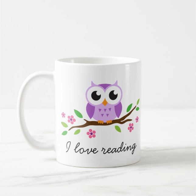 Mug Hibou pourpre mignon sur la lecture florale (Gauche)