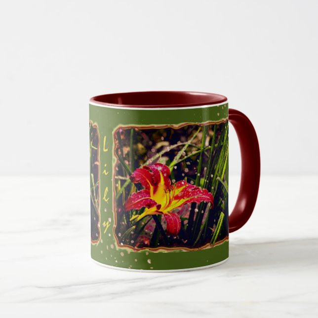 Mug Hier Lily avec Raindrops vert rouge jaune (Devant droit)