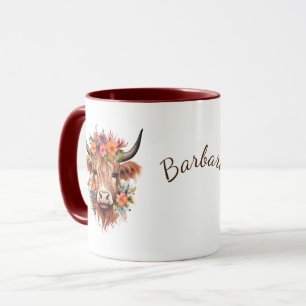 Mug Highland Cow Boho   Nom avec Fleurs Design
