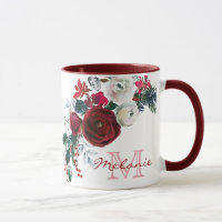 Hiver Bourgogne Rose Floral Pine Bouquet Monogramm