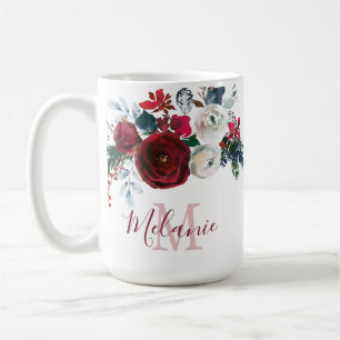 Mug Hiver Bourgogne Rose Floral Pine Branch Monogramme