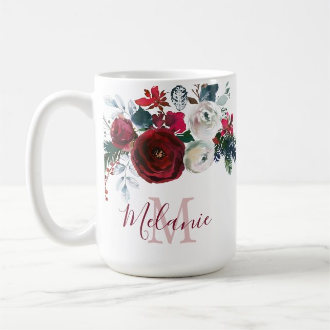 Mug Hiver Bourgogne Rose Floral Pine Branche Monogramm (Gauche)