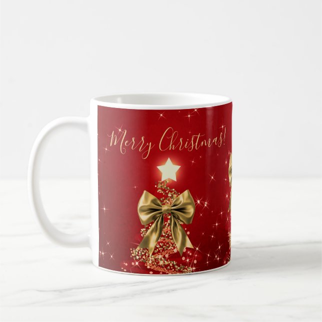 Mug Holiday Gold Red Christmas Trees w/ Bows (Gauche)