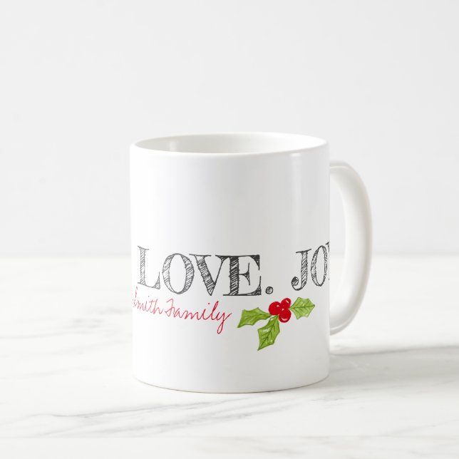 Mug Holiday Peace Love Joie Nom de famille Texte Holly (Devant droit)