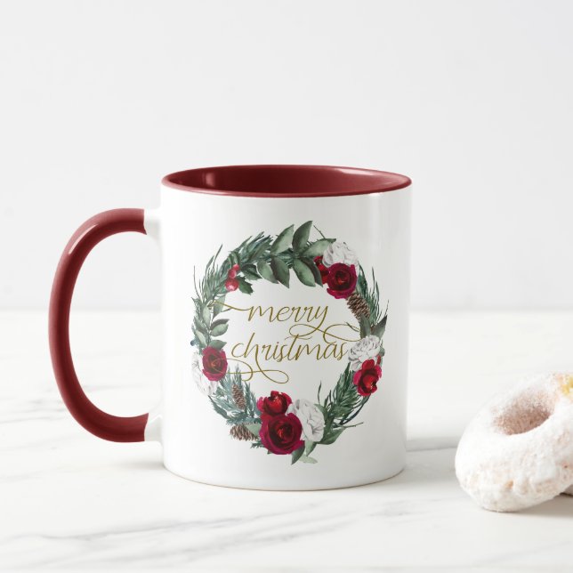 Mug HOLLY Bourgogne hiver Floral Joyeux Noël (Avec donut)