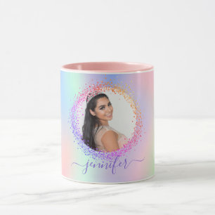 Mug Holographe photo rose violet nom script