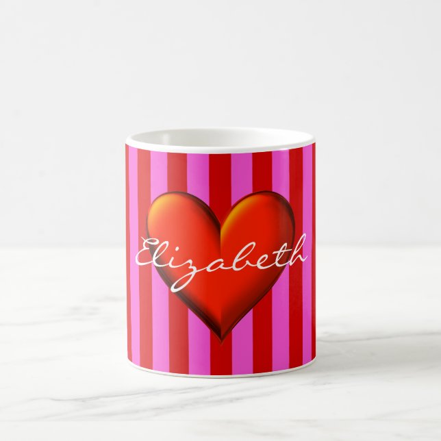 Mug Hot Pink, Red Stripes, Red Metallic Heart Monogram (Centre)