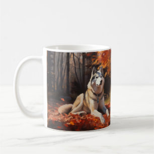 Mug Husky Sibérien dans les feuilles d'automne qui tom