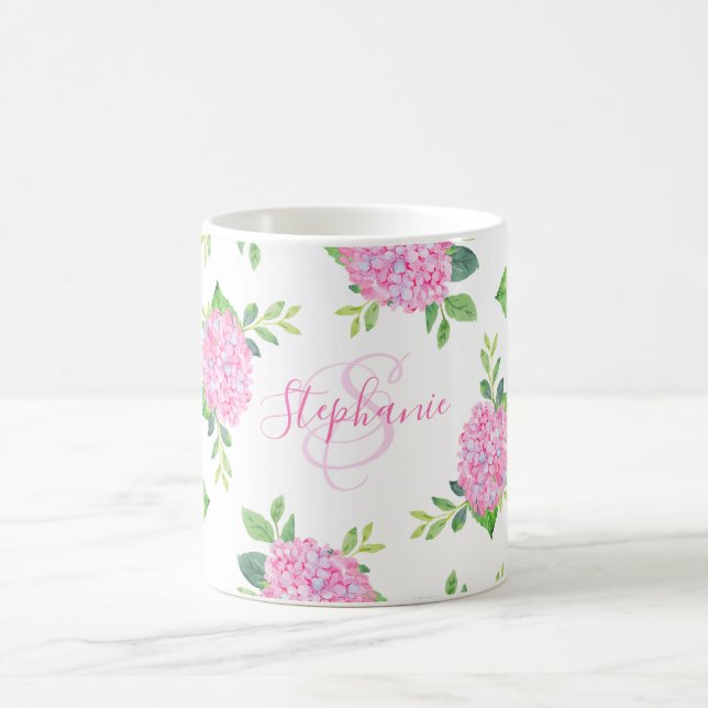 Mug Hydrangée rose florale moderne Monogramme (Centre)