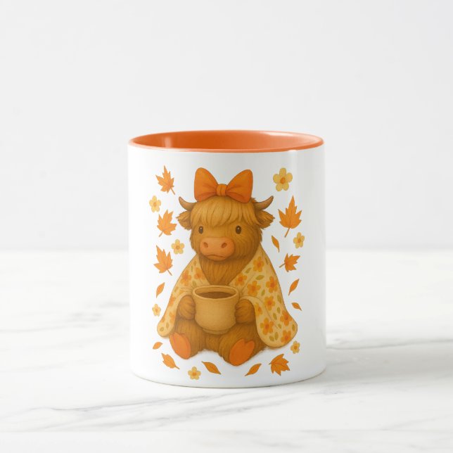 Mug Hyturtle Fall Highland Cow with Maple Leaves Coffe (Centre)