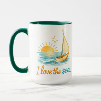 Mug I Love the Sea Sailboat Sunset Ocean Illustration 