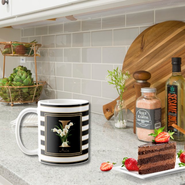 Mug I Monogramme Floral Or | Blancs noirs (Créateur téléchargé)