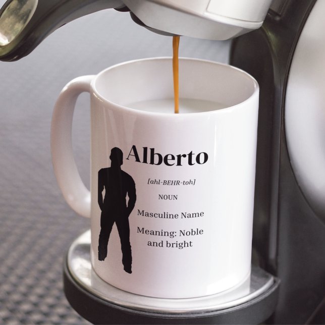 Mug Identity Defined (Coffee mug featuring strong masculine silhouette, bold serif name, and refined definition.)