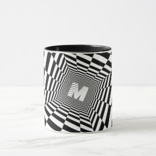 Mug Illusion optique noire et blanche, Monogramme blan
