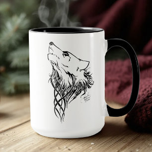 Mug Illustration à l'encre de loup noir tribal hurlant