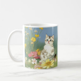 Mug Illustration de Kitten vintage avec Fleurs Jaunes