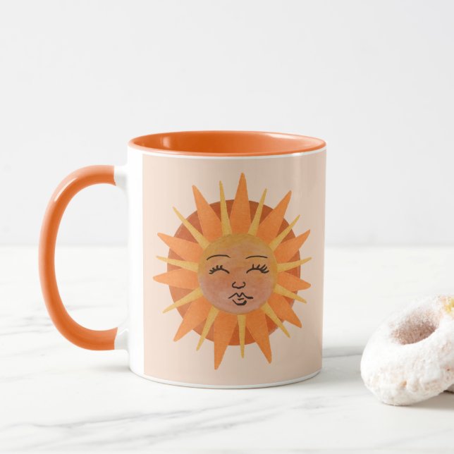 Mug Illustration de l'aquarelle orange Sun Face (Avec donut)