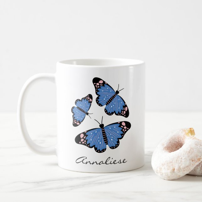 Mug Illustration de papillon bleu élégant Nom personna (Avec donut)