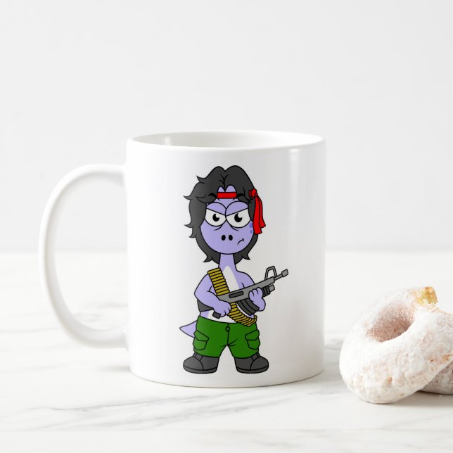 Mug Illustration D'Un Brontosaurus Habillé En Rambo. (Avec donut)