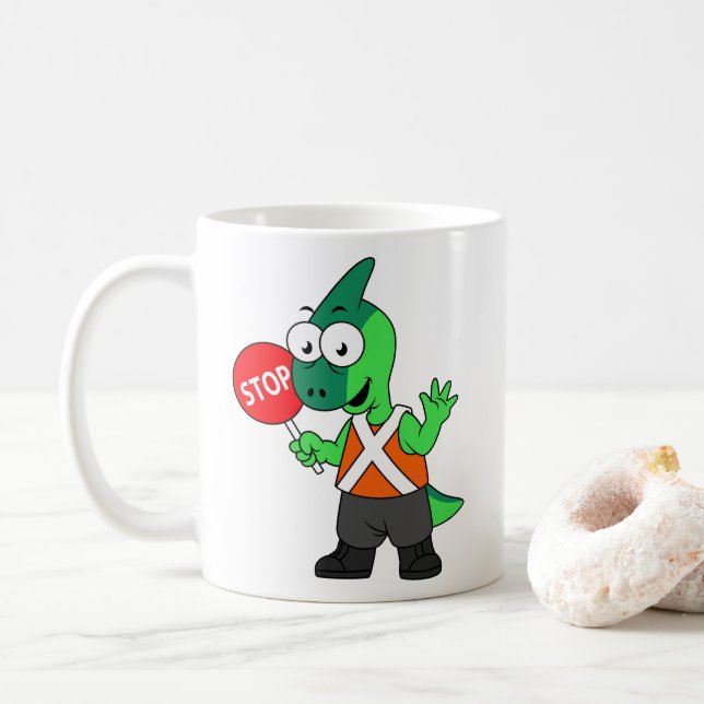 Mug Illustration D'Un Parasaurolophus Traffic Enforcer (Avec donut)