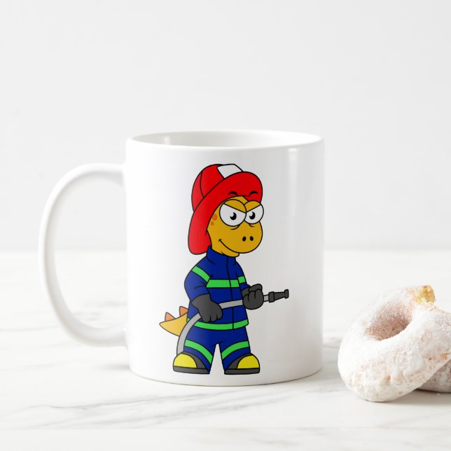 Mug Illustration D'Un Pompier Tyrannosaurus Rex. (Avec donut)
