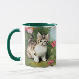 Mug Illustration vintage de chat avec Fleurs rouges