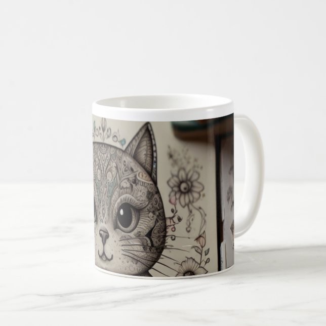 Mug illustré Mandala de chat zen complexe (Devant droit)