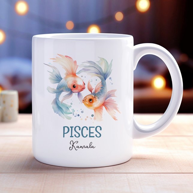 Mug Image d'aquarelle mignonne Poissons Nom du zodiaqu (Cute Watercolor Illustration Pisces Zodiac Name Coffee Mug)