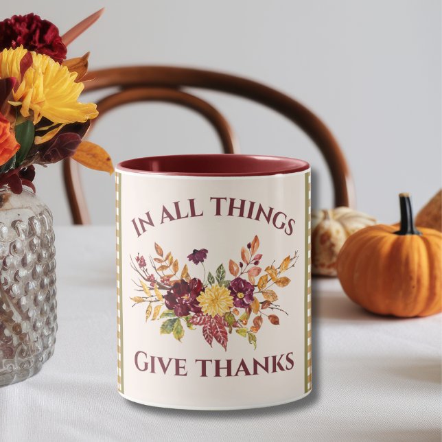 Mug In All Things Give Thanks Burgundy Gold Damask (Créateur téléchargé)