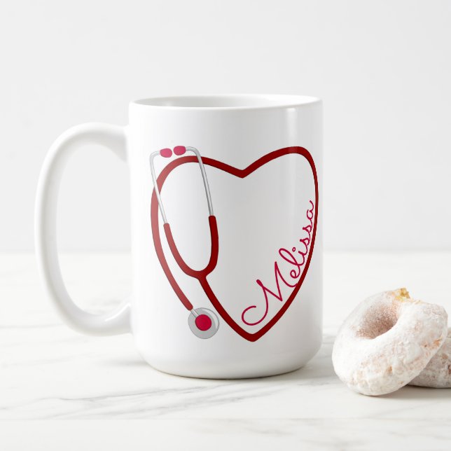 Mug Infirmière Stethoscope Coeur Café Rouge Fun Valent (Avec donut)