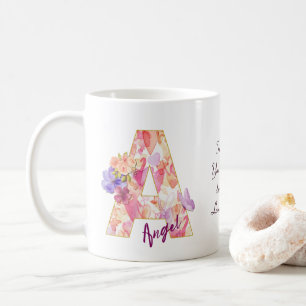 Mug Initiale A d'ange personnalisée avec motif de cœur