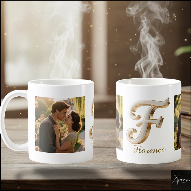 Mug Initiale cursive luxe or blanc F + 2 PHOTO (Créateur téléchargé)