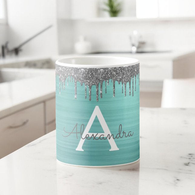 Mug Initiale de nom en métal brossé pailleté argent sa (Créateur téléchargé)
