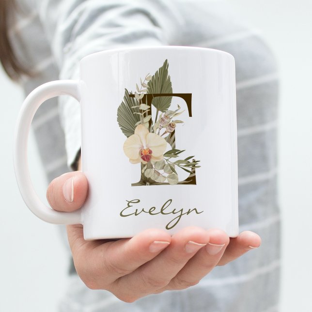 Mug Initiale E Boho Floral Orchid Green Nom personnali (Créateur téléchargé)